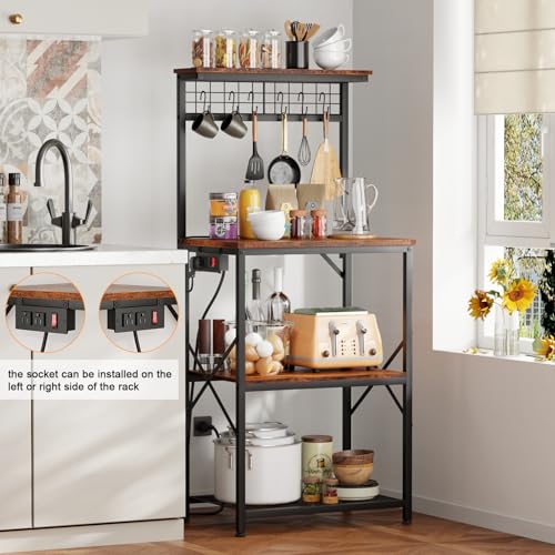 Furologee Kitchen Bakers Rack with Power Outlet, Microwave Oven Stand with Storage 4 Tiers, Coffee Bar Table with 6 S Hooks, Kitchen Storage Shelf Rack for Spices, Pots, Rustic Brown