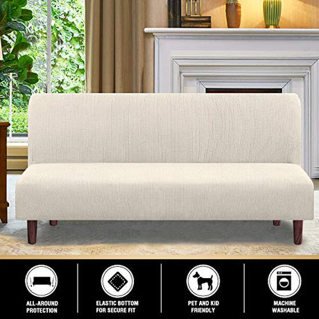 PrinceDeco Stretch Armless Futon Cover Futon Slipcover Full Queen Size Couch Cover Futon Sofa Bed Cover Furniture Protector with Elastic Bottom, Machine Washable, Biscotti Beige PrinceDeco