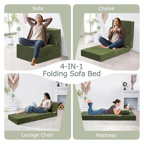 HILERO Folding Sofa Bed, 4 in 1 Convertible Sleeper Chair with Pillow, Single Memory Foam Fold Out Chair Bed, Modern Floor Futon Sofa Couch Mattress for Living Room/Guest/Apartment, Green HILERO