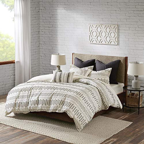 INK+IVY Rhea 100% Cotton Duvet Set Mid Century Modern Boho Design, All Season Comforter Cover Bedding Set, Matching Shams, Full/Queen, Geometric Clipped Jacquard Ivory 3 Piece INK+IVY