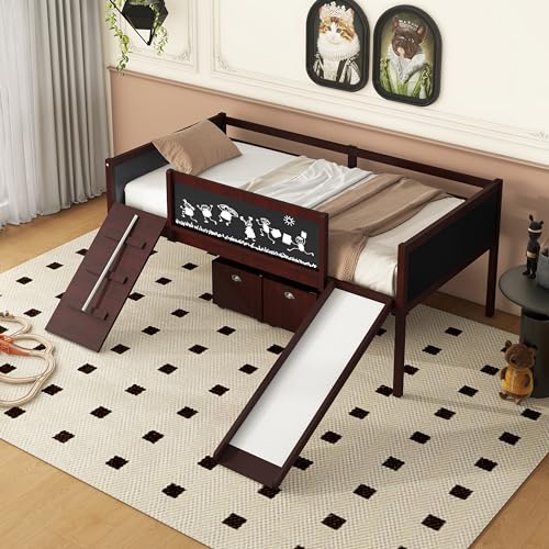 Twin Size Low Loft Bed with Slide and 2 Storage Boxes,Kids Low Loft Bed Frame with Climbing and Chalkboard,Solid Loft Bed Twin for Boys,Girls,Espresso Bellemave