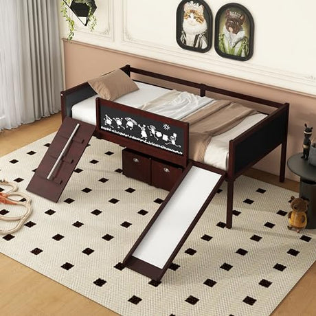 Twin Size Low Loft Bed with Slide and 2 Storage Boxes,Kids Low Loft Bed Frame with Climbing and Chalkboard,Solid Loft Bed Twin for Boys,Girls,Espresso Bellemave