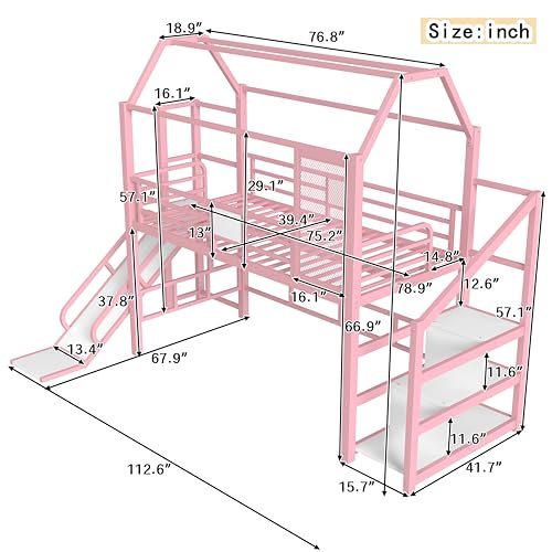 Bellemave Metal Loft/Bunk beds Twin Over Twin, Bunk beds with Slide and Stairs for Kids, Floor House Loft Bed for Kids，Pink Bellemave