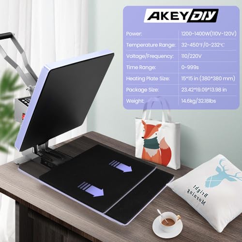 AKEYDIY Heat Press, 15x15 Slide Out Heat Press Machine for T Shirts, Digital Clamshell Heat Transfer Machine for Sublimation, Industrial Shirt Printer for Canvas, Pillows, Coasters, Puzzles (Purple) AKEYDIY