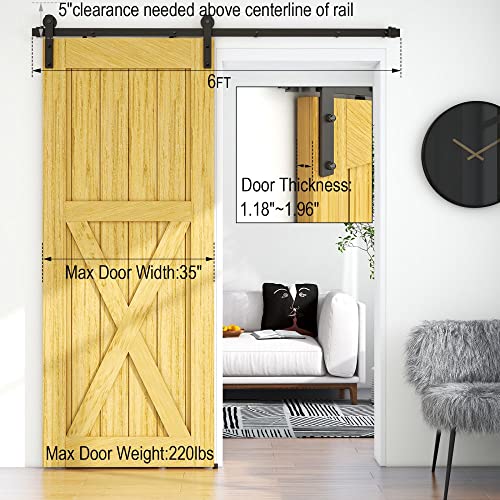 LQKUMJG 6FT Sliding Barn Door Hardware Kit for Single Wood Door, Smoothly and Quietly, Easy to Install Fit 35" Wide and 1.18"-1.96" Thickness Door Panel, includes Installation Instruction LQKUMJG
