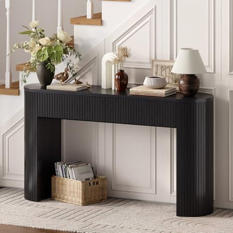 55 Inch Console Table with 2 Drawers, Fluted Entryway Tables with Storage, Sofa Table Behind The Couch, Hallway Tables, Mid-Century Modern Foyer Table for Entryway, Hallway, Living Room, Black ONBRILL