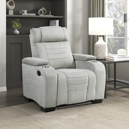 Lexicon Wall Hugger Manual Reclining Chair, Microfiber Manual Recliner with Cup Holders/Hidden Arm Storage/LED Base Lighting, Home Theater Seating for Living Room, Light Gray