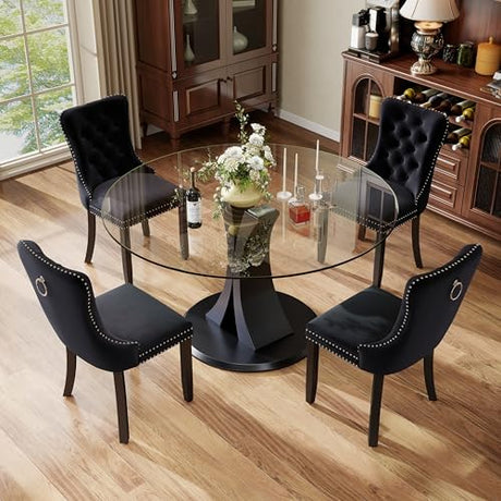 SIZOTA 5-Piece Dining Table Set with 47In Tempered Glass Table and 4 Velvet Upholstered Chairs, Modern Scandinavian Furniture for Dining Room Kitchen(Black) SIZOTA