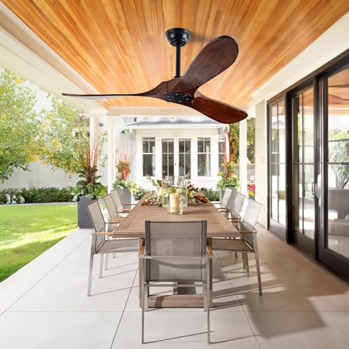 YKXONFA Solid Wood Ceiling Fans Without Light, 52 inch Real Wood Ceiling Fan with 6-Speeds 3 Wood Blades, Indoor Outdoor Ceiling Fans for Garage, Farmhouse, Living Room, Bedroom, Office YKXONFA