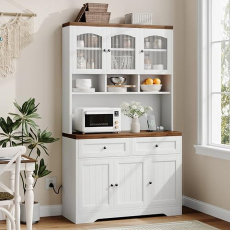 Garvee 71" Pantry Cabinet with Charging Station, Tall Kitchen Pantry Storage Cabinet with Microwave Stand, Farmhouse Kitchen Hutch with Storage Drawers for Living Room, Dining Room, White Garvee