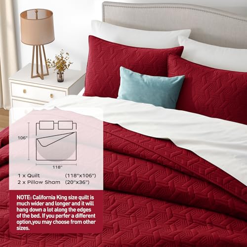 Lavsiry Red Oversized California Cal King Size Quilt Bedding Set with Pillow Shams, Summer Lightweight Bedspread Coverlet, Soft Quilted Blanket Thin Comforter for All Seasons Lavsiry