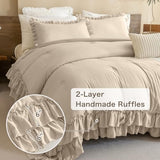 Masaca Ruffled Comforter Set Queen,3-Piece Farmhouse Shabby Boho Chic Bedding,Ultra Soft Linen Feel Textured Bed Comforter Set (1 Ruffle Comforter+2 Pillow Shams) Masaca