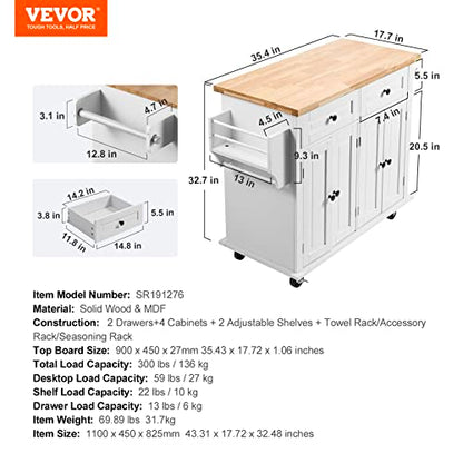 VEVOR Kitchen Island Cart with Solid Wood Top, 35.4" Width Mobile Carts with Storage Cabinet, Rolling Kitchen Table with Spice Rack, Towel Rack, and Drawer, Portable Islands on Wheels, White - WoodArtSupply