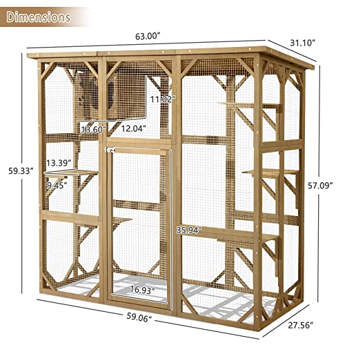 MAGIC UNION Large Fir Wooden Outdoor Indoor Catio Cat Enclosure with Weather Protection Roof with Cattery and 5 Platforms - WoodArtSupply