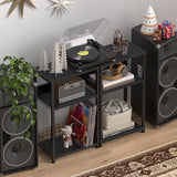 LELELINKY Side Table with Storage, Black Night Stand for Small Spaces, 3 Tier Industrial Wooden Record Player Holder with Vinyl Storage Shelf, End Tables Printer Stand for Bedroom LELELINKY