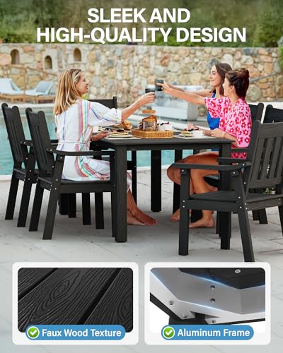 YEFU HIPS Patio Table Set: 10 Piece Outdoor Table and Chairs Dining Furniture Set with Umbrella Hole - Black Modern Plastic Dining Sets 8 Person for Outside Deck with Metal Aluminum Frame YEFU
