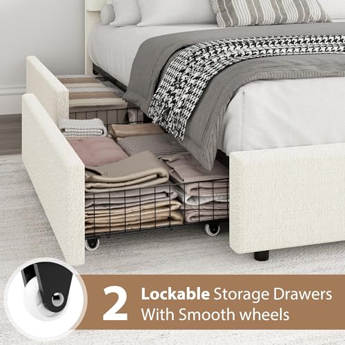 Garvee Queen Size Bed Frame with Storage Drawers, Upholstered Boucle Platform Bed with Round Headboard, Heavy Duty & Noise Free, No Box Spring Needed, Beige Garvee
