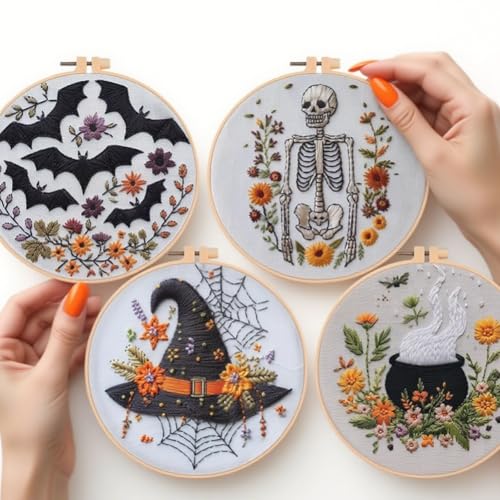 4 Set Halloween Embroidery Kit, Halloween Crafts for Adults, DIY Cross Stitch Craft Kit, with Needles and Thread Included (# A)