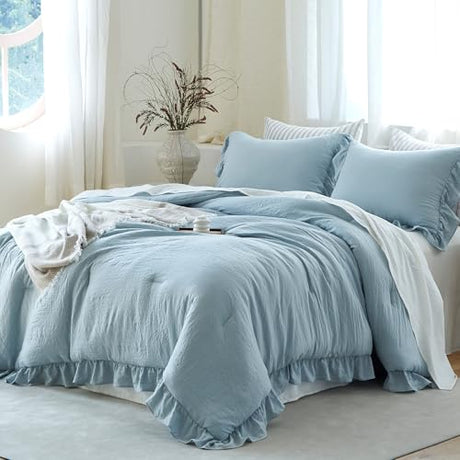 softpage Blue Ruffle Comforter Set King, Pre-Washed Shabby Chic Bedding Set, Lightweight Cottagecore Soft Romantic Cozy 1 Comforter & 2 Shams, All-Season softpage