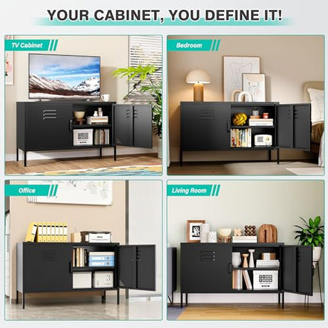 SISESOL Black Metal Storage Cabinet with Doors and Shelves,2 Door Wide Metal Locker Accent Storage Cabinet with Leg & Vent Hole,Wide TV Cabinets,Low Side Cupboard for Home,Office,Dining/Living Room SISESOL