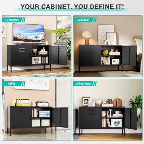 SISESOL Black Metal Storage Cabinet with Doors and Shelves,2 Door Wide Metal Locker Accent Storage Cabinet with Leg & Vent Hole,Wide TV Cabinets,Low Side Cupboard for Home,Office,Dining/Living Room SISESOL