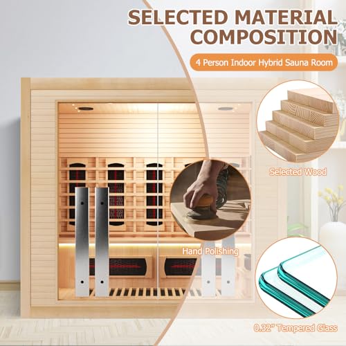 4-5 Person Hybrid Home Wood Sauna, Indoor WiFi Control Far Infrared & Traditional Canadian Hemlock Steam Saunas Spa with Red Light Therapy, 14 Heating elements & Electric Stove, Accessories, Rightdoor Smartmak