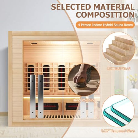 4-5 Person Hybrid Home Wood Sauna, Indoor WiFi Control Far Infrared & Traditional Canadian Hemlock Steam Saunas Spa with Red Light Therapy, 14 Heating elements & Electric Stove, Accessories, Rightdoor Smartmak