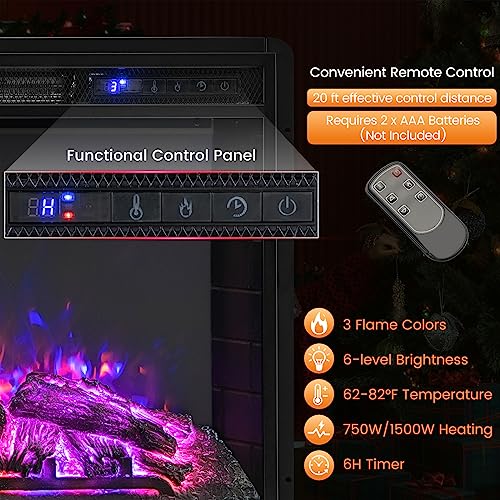 COSTWAY Electric Fireplace Insert 26-inch Wide, 5,000 BTU Recessed and Freestanding Fireplace Heater with Remote Control, 3 Flame Colors, 6 Brightness, 6H Timer, Fireplace for Indoor Use, 750/1500W COSTWAY