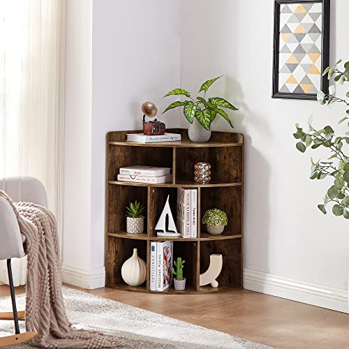 Vecelo Modern 3-Tier Corner Cabinet with 8 Cubbies - Versatile Wooden Storage Organizer in Brown - WoodArtSupply