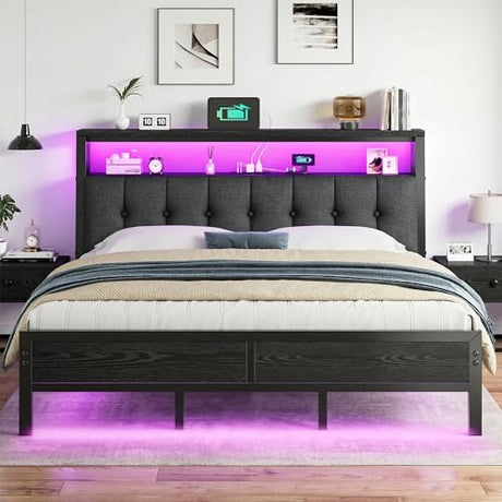 Homkdom King Size Bed Frame with Smart LED Lights, Upholstered Headboard with Charging Station Type C, Metal Platform with 12" Under-Bed &2-Tier Storage Shelves, No Sliding, Noiseless, Black Homkdom