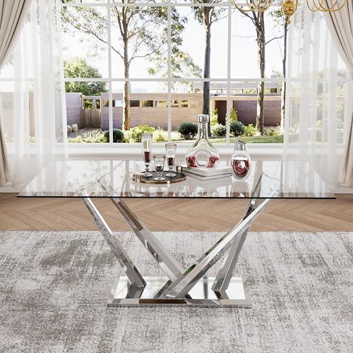 HAIZAO 63'' Rectangular Glass Dining Table for 4-6, Luxury Kitchen Table with Tempered Glass and Aesthetic Silver Stainless Steel Base, Modern Dinner Table for Home, Apartment HAIZAO