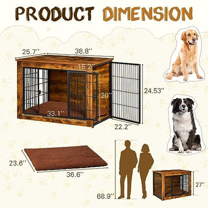 Bigrab Dog Crate Furniture with Thick Cushion, Side End Table Wooden Dog Cage with Double Doors, Chew-Resistant Dog Kennel Dog House Indoor for Small to Large Dog, L
