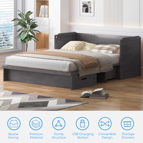 PUREMIND Murphy Bed Queen with Tri-Fold Mattress, Modern Murphy Cabinet Bed with USB Charging Station & Large Storage Drawer, Space-Saving Full Foldable Platform Bed for Guest Bedroom (Gray) PUREMIND