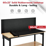 DNYKER 60" Adjustable Height Workbench, 3000 LBS Heavy Duty Work Table for Garage,Rubber Wood Workstation with USB Power Outlets/Wheels/Pegboard for Workshop, Office, Home DNYKER