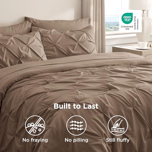 Bedsure Twin Comforter Set Brown - Bed in a Bag Twin Size Bedding 5 Pieces, GentleSoft™ Pintuck Bed Set Gift for Family, Pinch Pleat Brown Comforter with Sheets, Pillowcase & Sham Bedsure