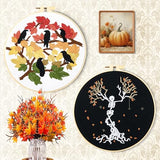 Fall Maple Leaf Embroidery Starter Kits for Beginners Adults, Halloween Stamped Cross Stitch Kit for Beginners Adults, Skeleton Embroidery Needlepoint Kit, 2 Embroidery Hoops (Attached Video Tutorial)