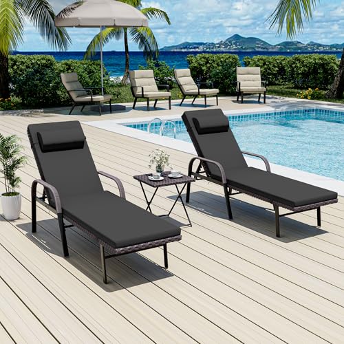 ASJMR Patio Chaise Lounge Set 3 Pieces Outdoor Lounge Chair with Rattan Adjustable Backrest Armrest and Folding Table for Beach Patio,Sand, for Poolside Backyard Porch