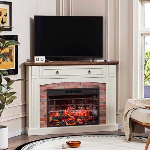 AHB Corner TV Stand with Remote Control, Electric Fireplace with Wooden Mantel, Entertainment Center with Efficient Heating System, Adjustable Brightness Realistic Flame(White) AHB