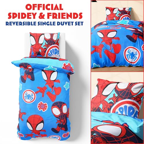 Marvel Spiderman Duvet Cover and Pillowcase Set for Single Bedding, Bedroom Accessories for Kids Teens (Blue Spidey) Marvel