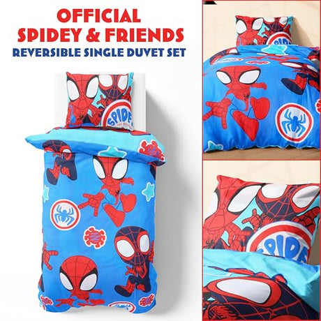 Marvel Spiderman Duvet Cover and Pillowcase Set for Single Bedding, Bedroom Accessories for Kids Teens (Blue Spidey) Marvel