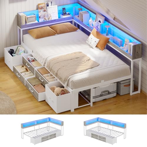MSmask 14 Inch Corner Bed Frame with Bookcase Storage, Twin Daybed with 6 Drawers, Charging Station and LED Light, Twin Size Metal Platform Bed Frame for Kids Teenagers, White & Oak Grey MSmask