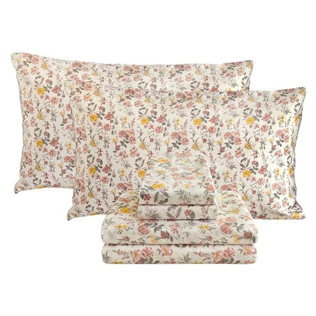 Viviland Floral King Sheet Set - 4 Piece Vintage Pink & Yellow Flower Patterned Bed Sheets - Soft, Breathable Microfiber Sheets with Deep Pocket, Non-Slip Fitted Sheets & Pillowcases Viviland
