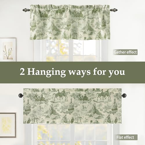 DriftAway Toile Linen Lined Valance Double Layer Thermal Room Darkening Blackout Window Curtain for Kitchen Bathroom Farmhouse French Country Vintage Printed Pattern Single 52 x 24 Inch Loden Green DriftAway