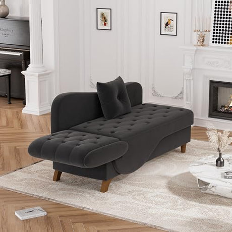 DAMAIFROM Chaise Lounge Chair Indoor with Storage, Adjustable Armrest Recling Reading Chair Sleeper Sofa Bed with Pillow, 3 in 1 Velvet Futon Lounge Chair for Living Room Playroom, Black DAMAIFROM
