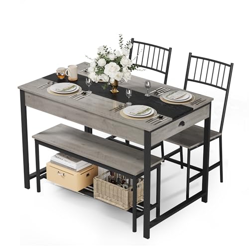 GarveeHome Dining Table Set for 4, Small Kitchen Table and 2 Chairs for 4 with Bench, Space Saving Kitchen Table Set with Storage Rack & Drawers, Breakfast Nook Rectangular Farmhouse Table Set, Grey GarveeHome