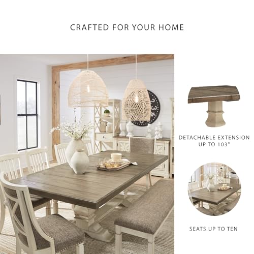 Signature Design by Ashley Bolanburg Farmhouse Extension Dining Table with Removable Center Leaf and Trestle Base, Dark Brown & White Signature Design by Ashley