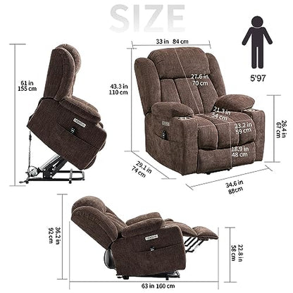 2024 Power Lift Recliner Chair with Full-Body Massage and Heat for Elderly, Hand Remote Control, Upgraded Powerful Motor, Extended Footrest, USB Ports, Stainless Steel Cup Holders, Chenille Brown