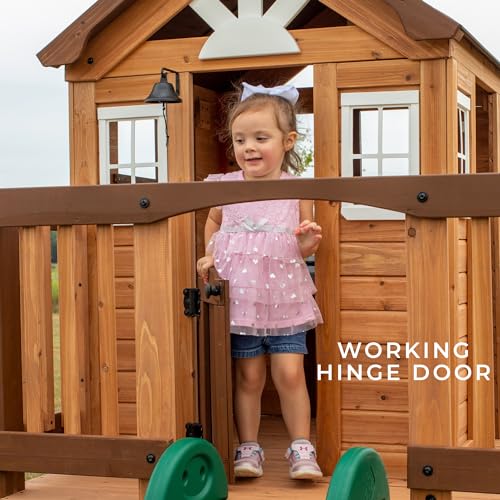 Backyard Discovery Echo Heights Elevated Cedar Playhouse, Play Kitchen, Powered Blender, Working Bell, 6 ft Wave Slide, Wrap-Around Deck, Flat Step Ladder, Growth Chart Backyard Discovery