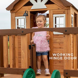 Backyard Discovery Echo Heights Elevated Cedar Playhouse, Play Kitchen, Powered Blender, Working Bell, 6 ft Wave Slide, Wrap-Around Deck, Flat Step Ladder, Growth Chart Backyard Discovery