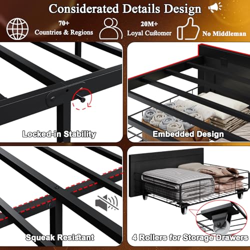 Etditrnp King Bed Frame with Storage Headboard, Farmhouse Platform Bed Frame with Bookshelf, Drawers, LED Lights and Charging Station, Metal Slats Support, Noise Free, No Box Spring Needed, Black Etditrnp